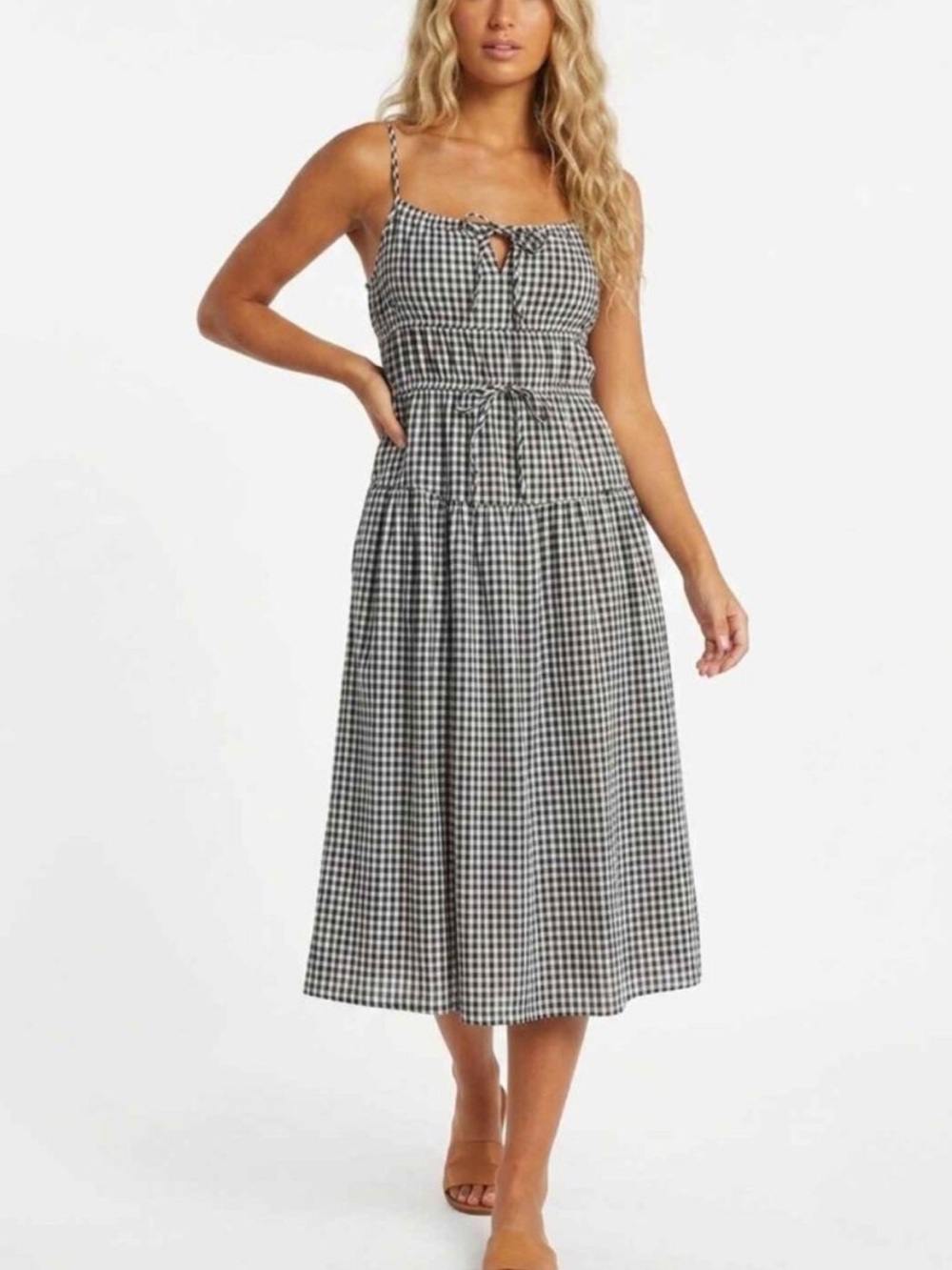 NEW Sim & Sam Black White Gingham Cotton Tiered Midi Dress Large 8801